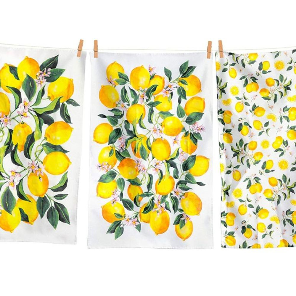 100% Cotton Super Soft and Super Oversized Tea Towel Set Kitchen Printed Lemon Designs Woven Dish Towel Set