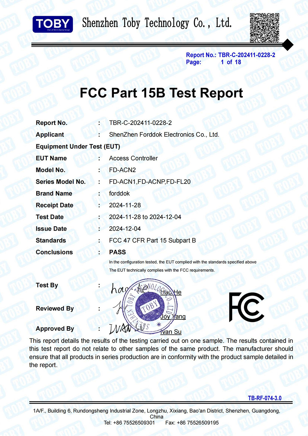 Access Controller FCC Certificate