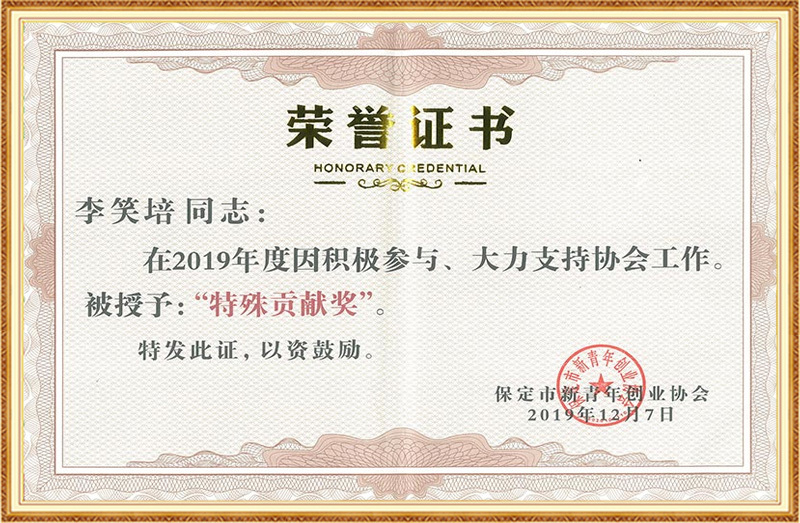 青創(chuàng)協(xié)會特殊貢獻獎證書