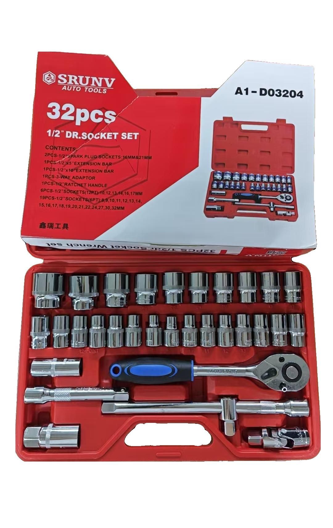 SRUNV TOOLS Socket Tool Set, 32-Piece, Model A1-D03204, 1/2-Inch Drive Socket