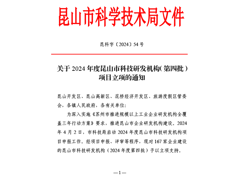 关于2024年度昆山市科技研发机构（第四批）项目立项的通知