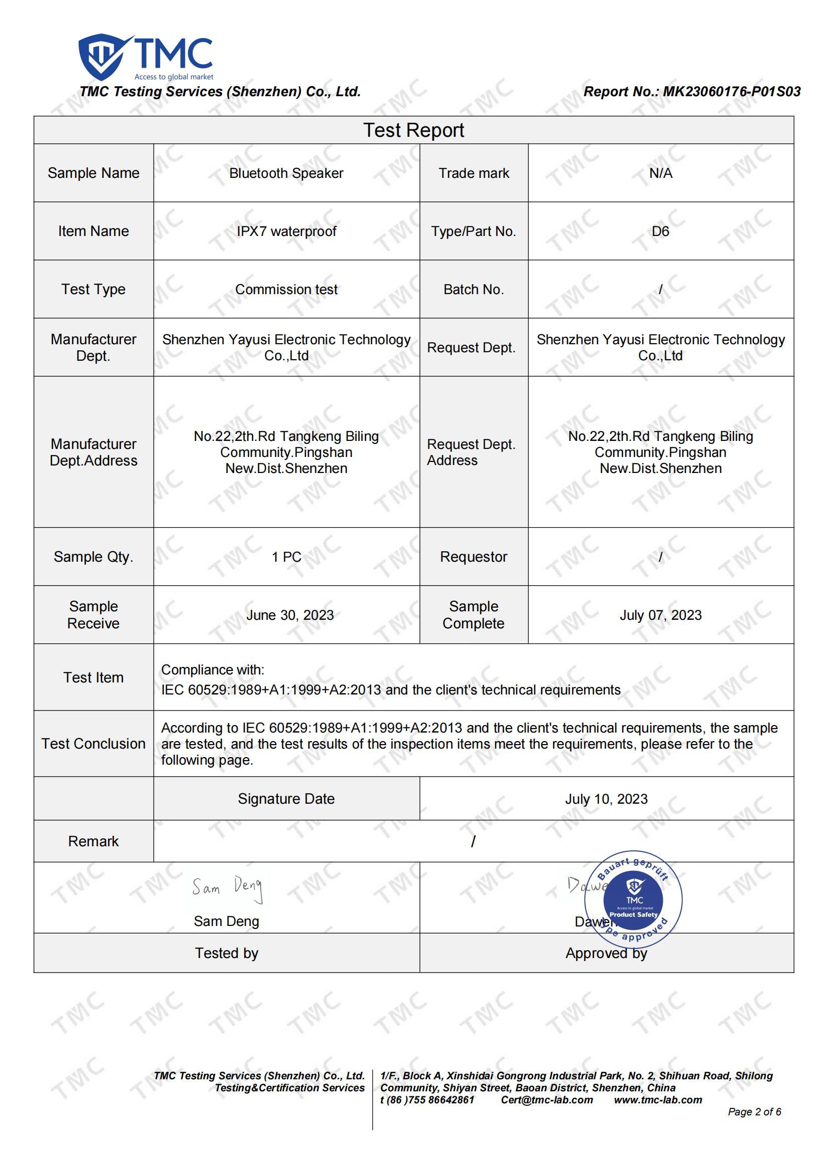 MK23060137-P01S03-D6 Bluetooth Speaker-IPX7 Test Report