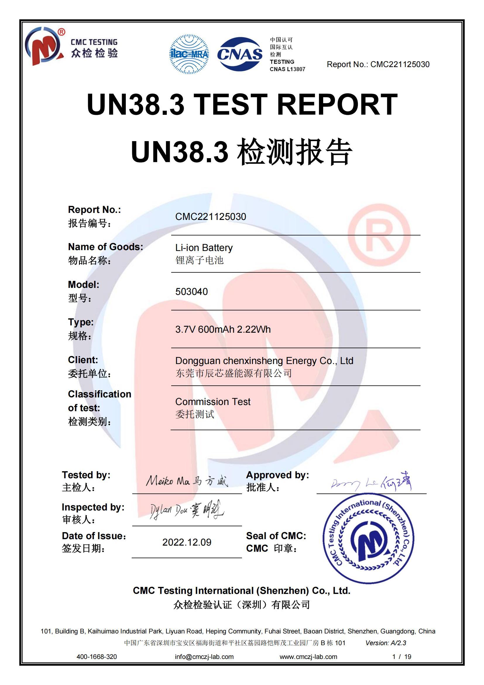 UN38.3 TEST REPORT