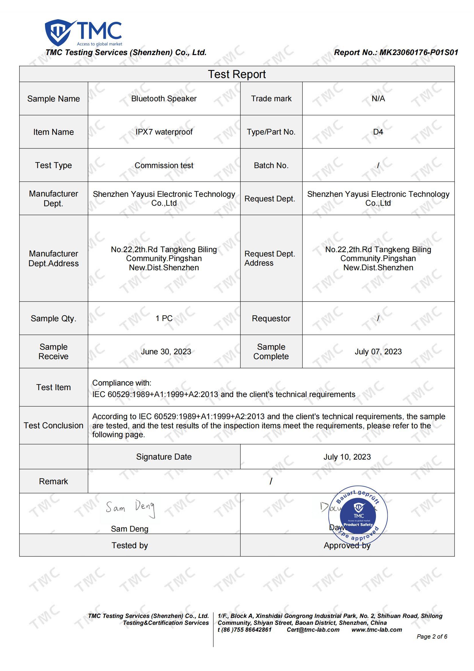 MK23060137-P01S01-D4 Bluetooth Speaker-IPX7 Test Report
