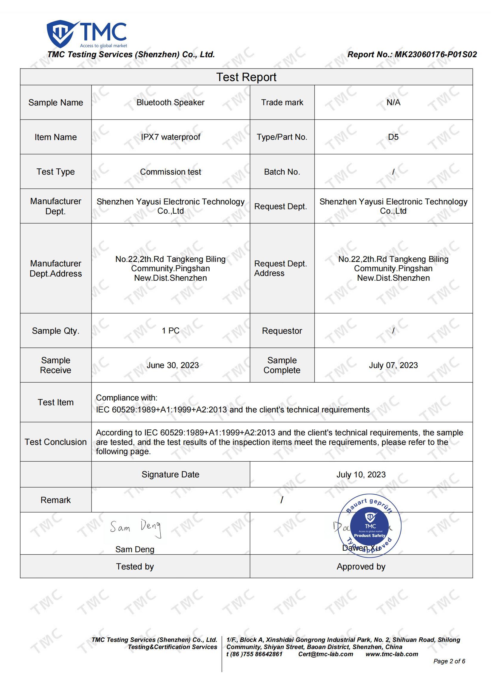 MK23060137-P01S02-D5 Bluetooth Speaker-IPX7 Test Report