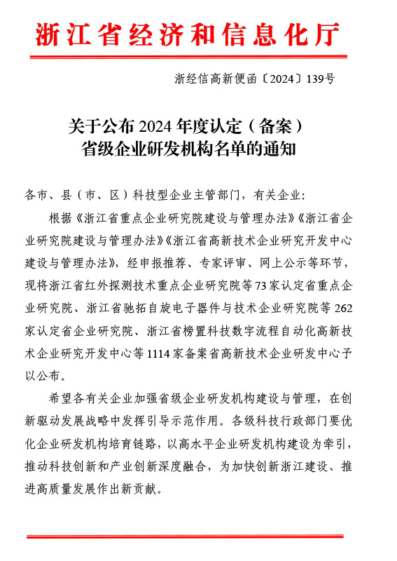關(guān)于公布 2024 年度認(rèn)定(備案)省級(jí)企業(yè)研發(fā)機(jī)構(gòu)名單的通知 關(guān)于公布 2024 年度認(rèn)定(備案)省級(jí)企業(yè)研發(fā)機(jī)構(gòu)名單的通知