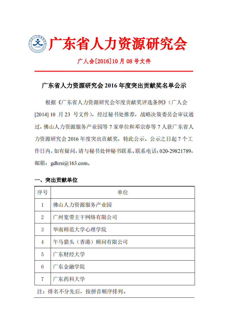 廣東省人力資源研究會(huì)2016年度突出貢獻(xiàn)獎(jiǎng)名單公示
