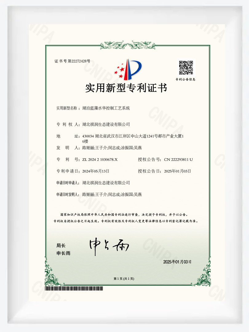 JS47- utility model patent certificate - lake cyanobacteria bloom control process system JS47- utility model patent certificate - lake cyanobacteria bloom control process system