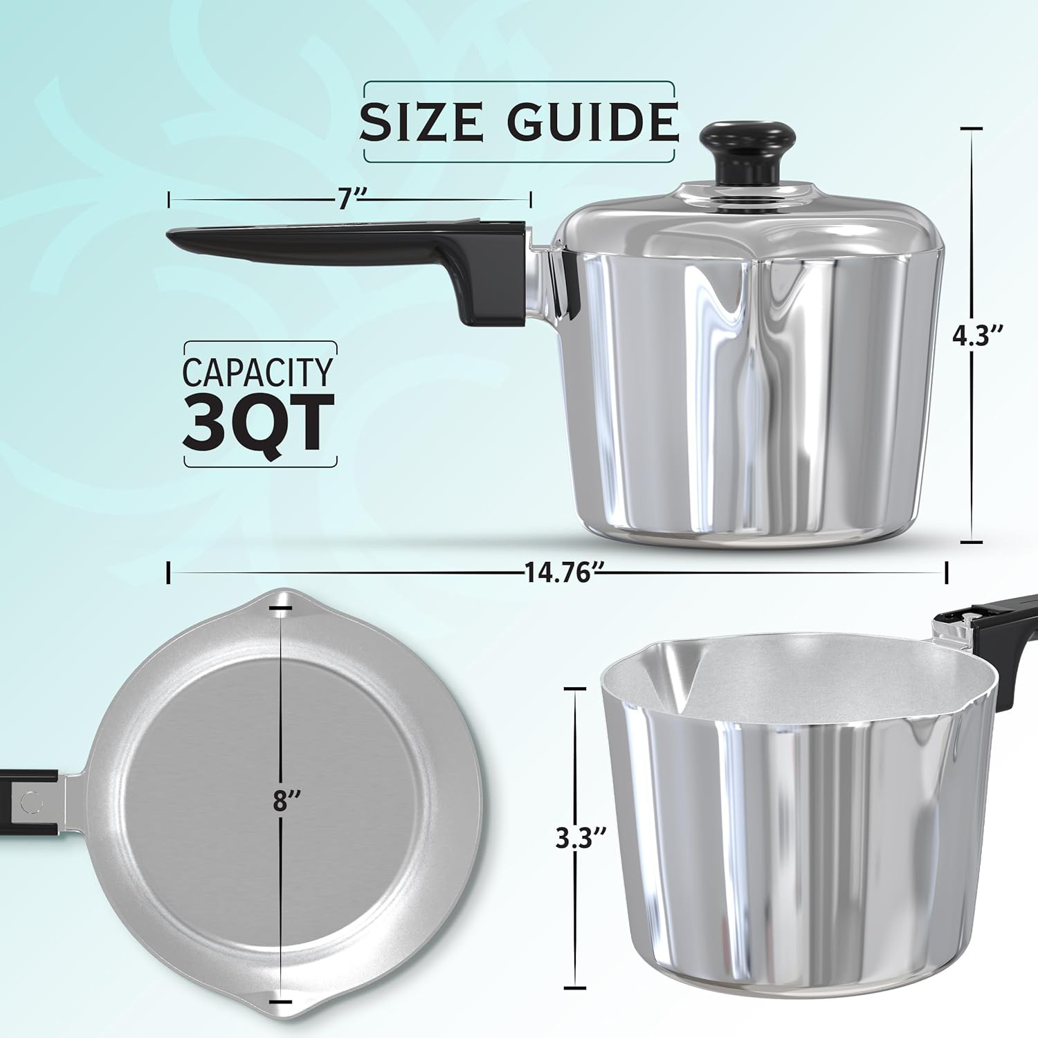 Cast Aluminum Sauce Pan with Lid 3 Quart - Multipurpose Lightweight Saucepan with 2 Side Pour Spouts & Stay-Cool Handle - Small Cooking Pot for Sauces, Pasta, Soup - Oven Safe