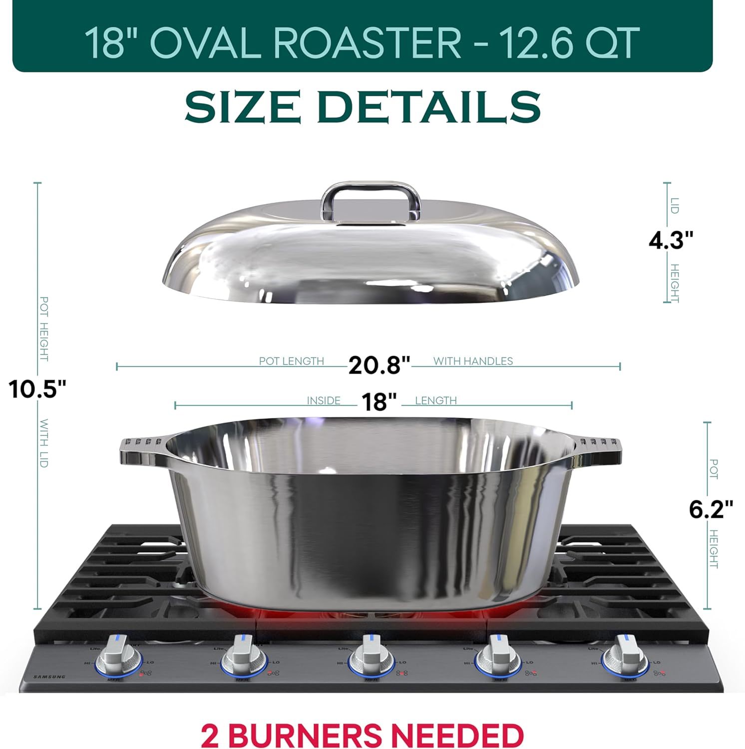 Cast Aluminum Dutch Oven with Lid - 8 Quart Oval Lightweight Pot For Cajun Cookware, Bread Baking & More - Roaster Pan with Silicone Covers & Rack For Even Heat Distribution