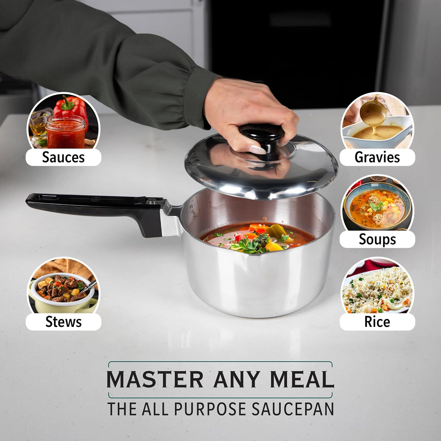 Cast Aluminum Sauce Pan with Lid 3 Quart - Multipurpose Lightweight Saucepan with 2 Side Pour Spouts & Stay-Cool Handle - Small Cooking Pot for Sauces, Pasta, Soup - Oven Safe