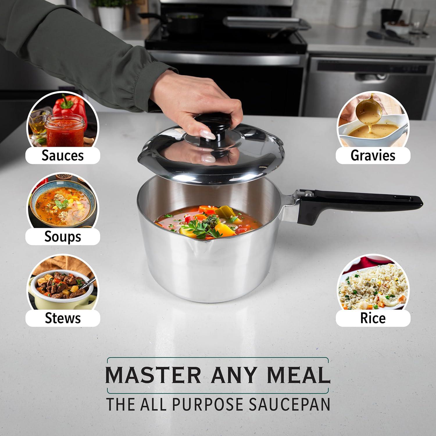 Cast Aluminum Sauce Pan with Lid 2 Quart - Multipurpose Lightweight Saucepan with 2 Side Pour Spouts & Stay-Cool Handle - Small Cooking Pot for Sauces, Pasta, Soup - Oven Safe