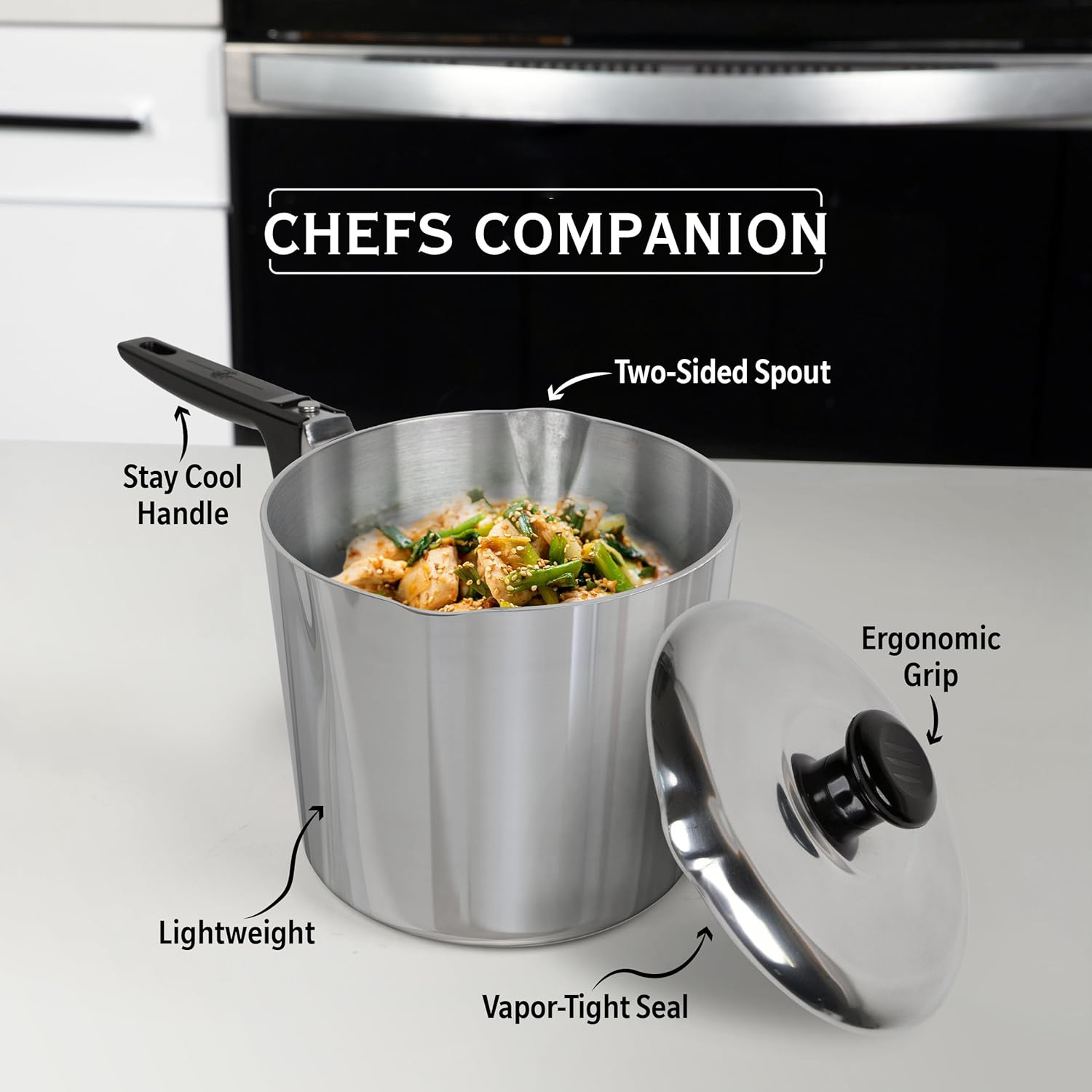 Cast Aluminum Sauce Pan with Lid 4 Quart - Multipurpose Lightweight Saucepan with 2 Side Pour Spouts & Stay-Cool Handle - Small Cooking Pot for Sauces, Pasta, Soup - Oven Safe