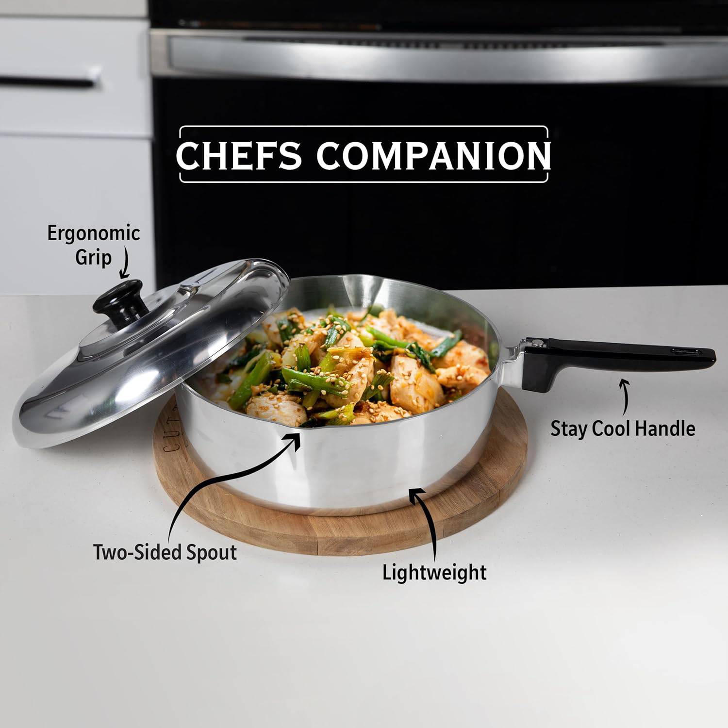 Cast Aluminum Sauté Pan with Lid 10 inch - Oven Safe Deep Frying Pan with Lid, Two Side Spouts and Ergonomic Stay-Cool Handle for Comfortable Grip and Pouring