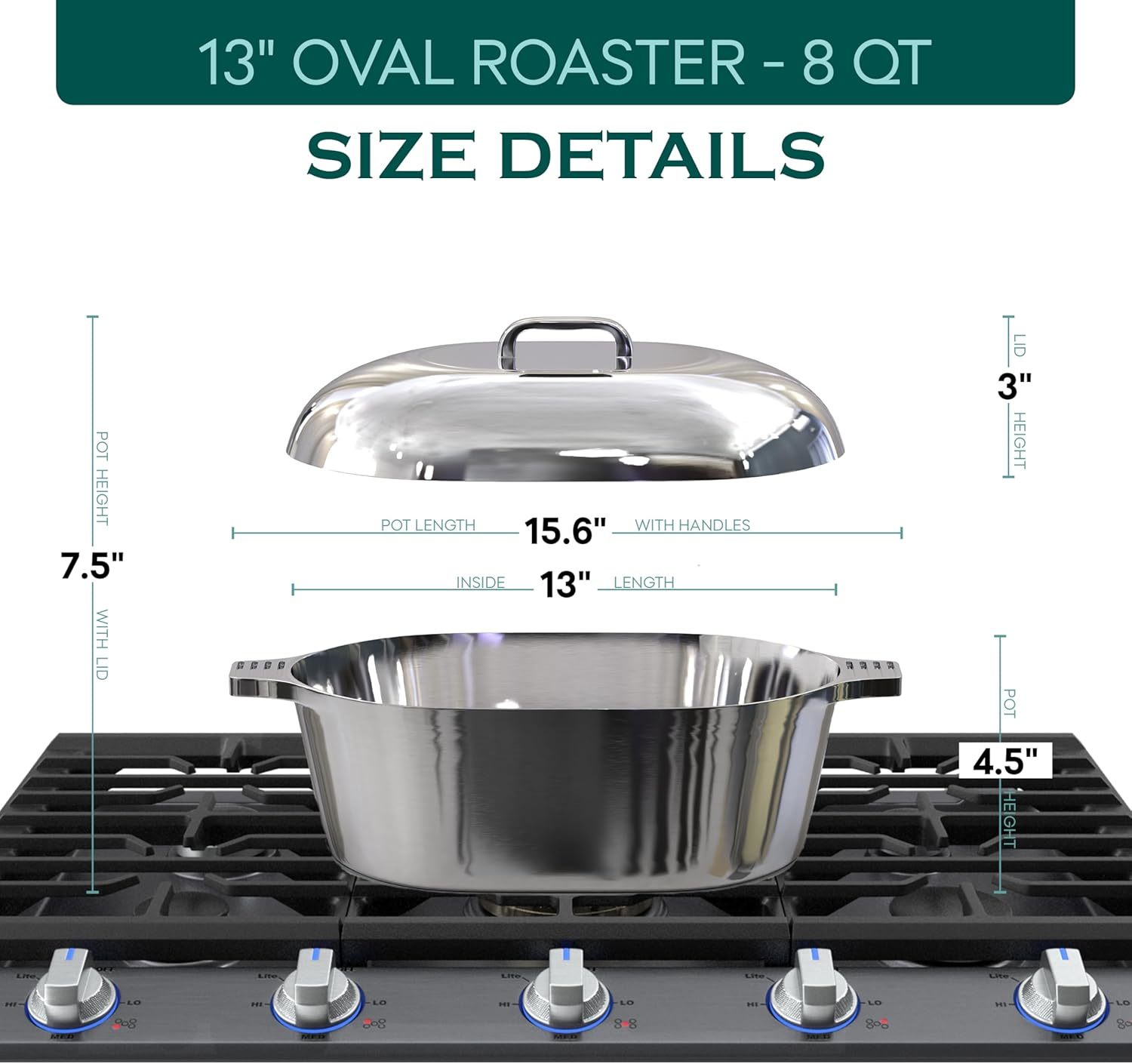 Cast Aluminum Dutch Oven with Lid - 8 Quart Oval Lightweight Pot For Cajun Cookware, Bread Baking & More - Roaster Pan with Silicone Covers & Rack For Even Heat Distribution