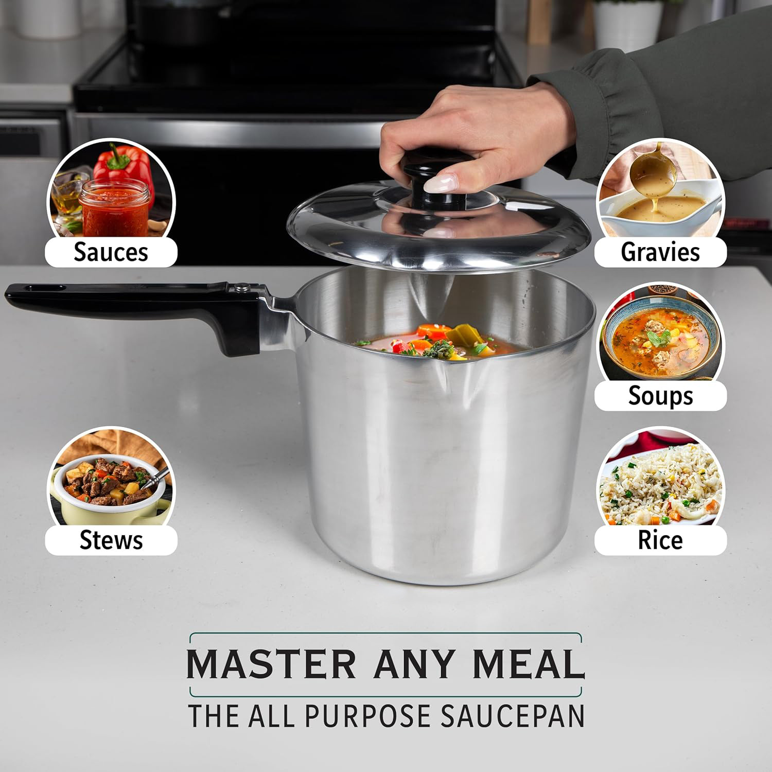 Cast Aluminum Sauce Pan with Lid 4 Quart - Multipurpose Lightweight Saucepan with 2 Side Pour Spouts & Stay-Cool Handle - Small Cooking Pot for Sauces, Pasta, Soup - Oven Safe