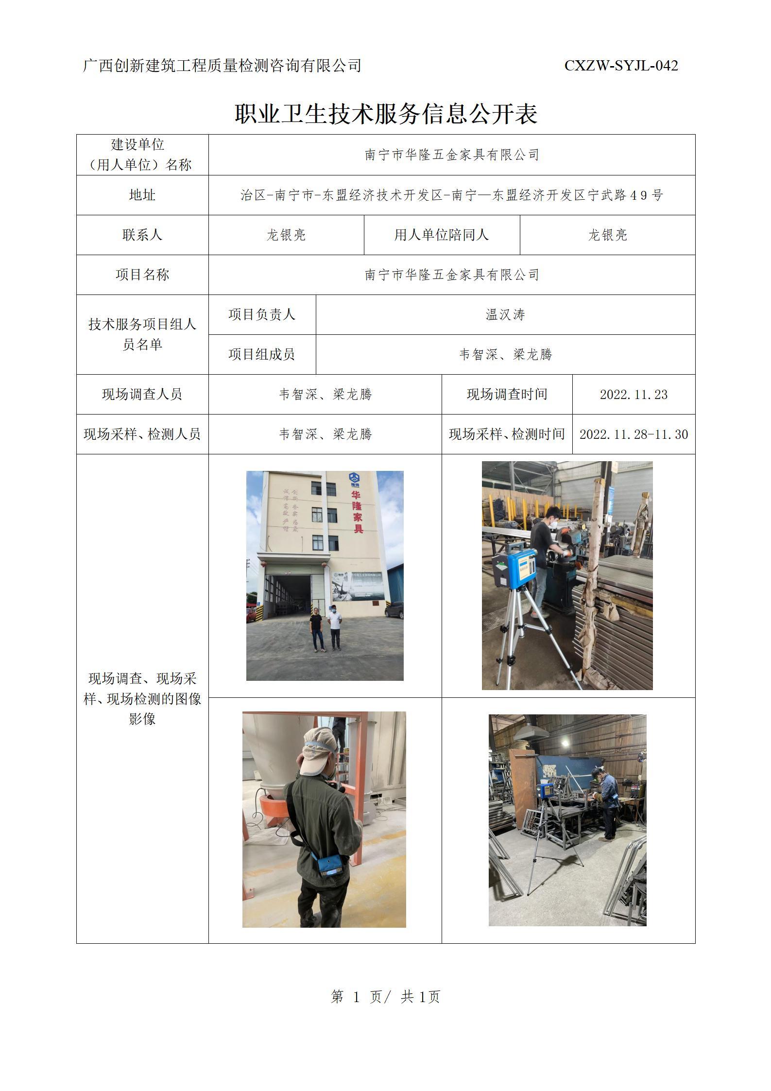 【职业卫生信息公开】南宁市华隆五金家具有限公司