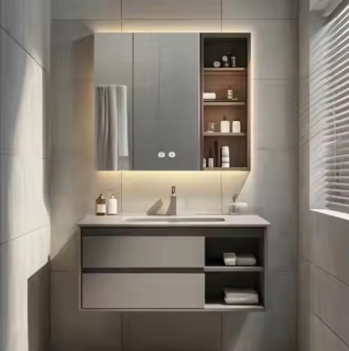 Wood Cabinet Vanity With Sink And Led Mirror Set Bathroom Cabinet Household Wash Basin Cabinet Bathroom