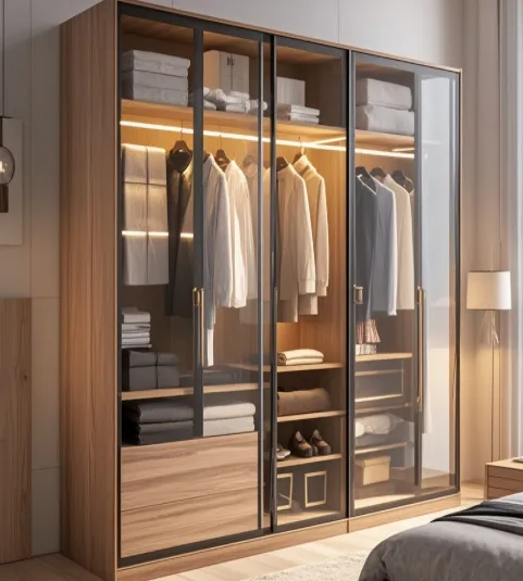 Designed Minimalist Storage Cabinet Wood Wardrobe High End Design Wardrobe With Led Light and 5 Door