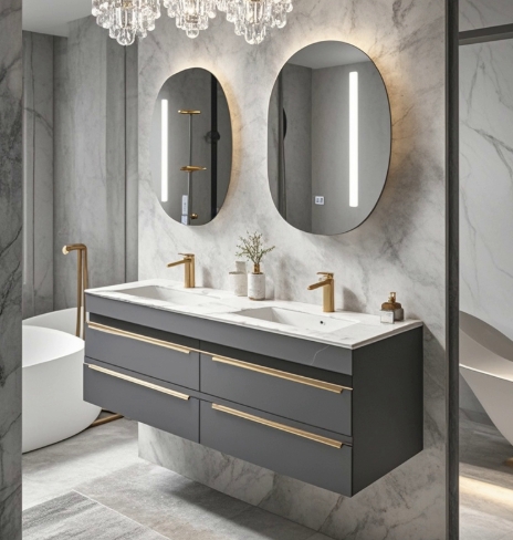 Wooden Gray Bathroom Storage Cabinet Customize Shelf Bathroom Vanities Set With Drawers And Mirror