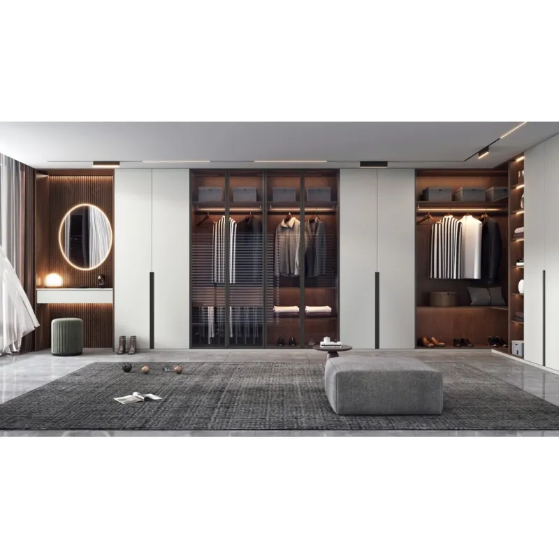 Custom Modern Luxury Closet Tempered Glass Sliding Door Wooden Modern Latest Design Bedroom Furniture Cloth Storage Wardrobe