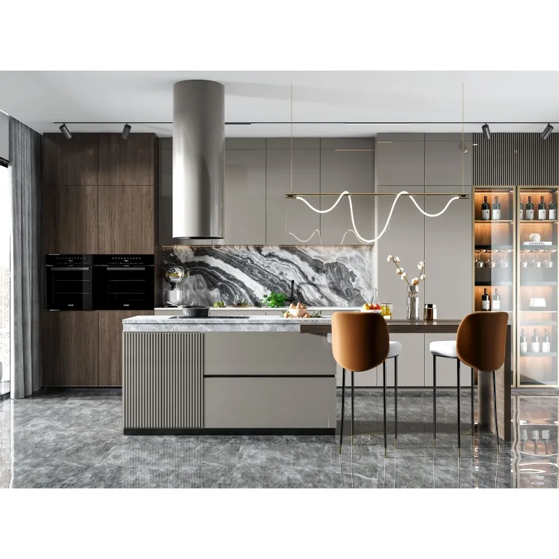 New Style Custom Black Grey Matte Lacquer Modular Islands Handless Cheap Price Modern Design Kitchen Cabinet