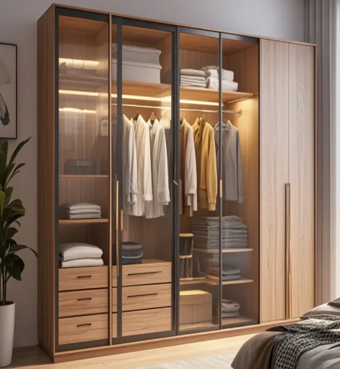 Designed Minimalist Storage Cabinet Wood Wardrobe High End Design Wardrobe With Led Light and 5 Door
