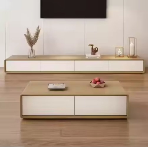 Modern Simple Tv Cabinet Wooden Cabinet Luxury Rock Plate Round Coffee Table Set