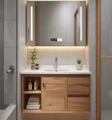 Modern Bathroom Wall Mounted Drawers Slate Cabinet Vanity With Sink and Led Mirror Set