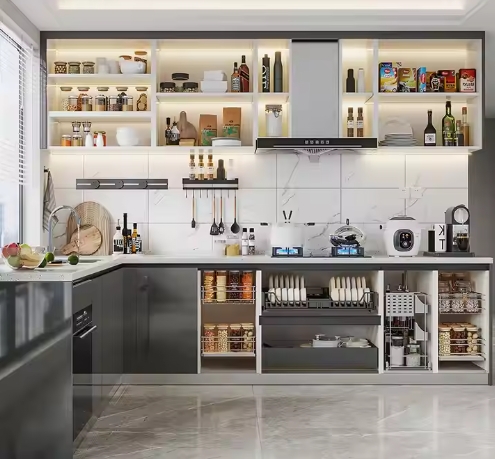 Modern Kitchen Cabinet Design Complete Customized Hanging Cabinet Glass Door Mdf Sink Faucet Grey Flat Panel Plywood