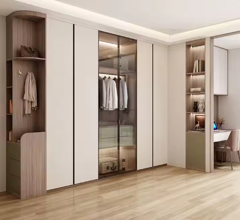 Manufacturer Luxury Style Glass Door Clothes Storage Cabinet Modern Melamine Wooden Wardrobe Bedroom Custom