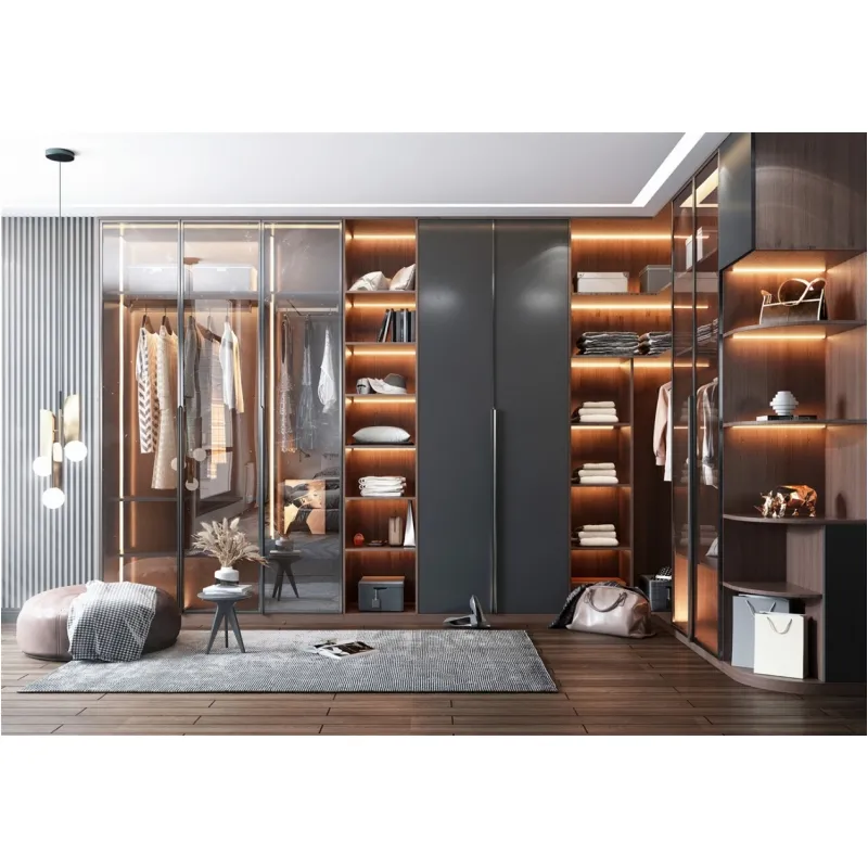 Custom Luxury Glass Door Wooden Wardrobe Bedroom Furniture Storage Organizer Wardrobes Storage Shelves Bedroom Closets