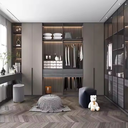 Top Manufacturer Luxury Style Glass Door Clothes Storage Cabinet Modern Melamine Wooden Wardrobe Bedroom Custom Walk In Closet