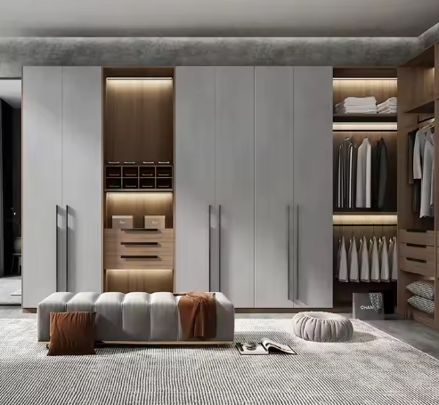 Customized Modern Natural Wood Grain Big Open Cloth Walk in Closet Wardrobe Cabinets