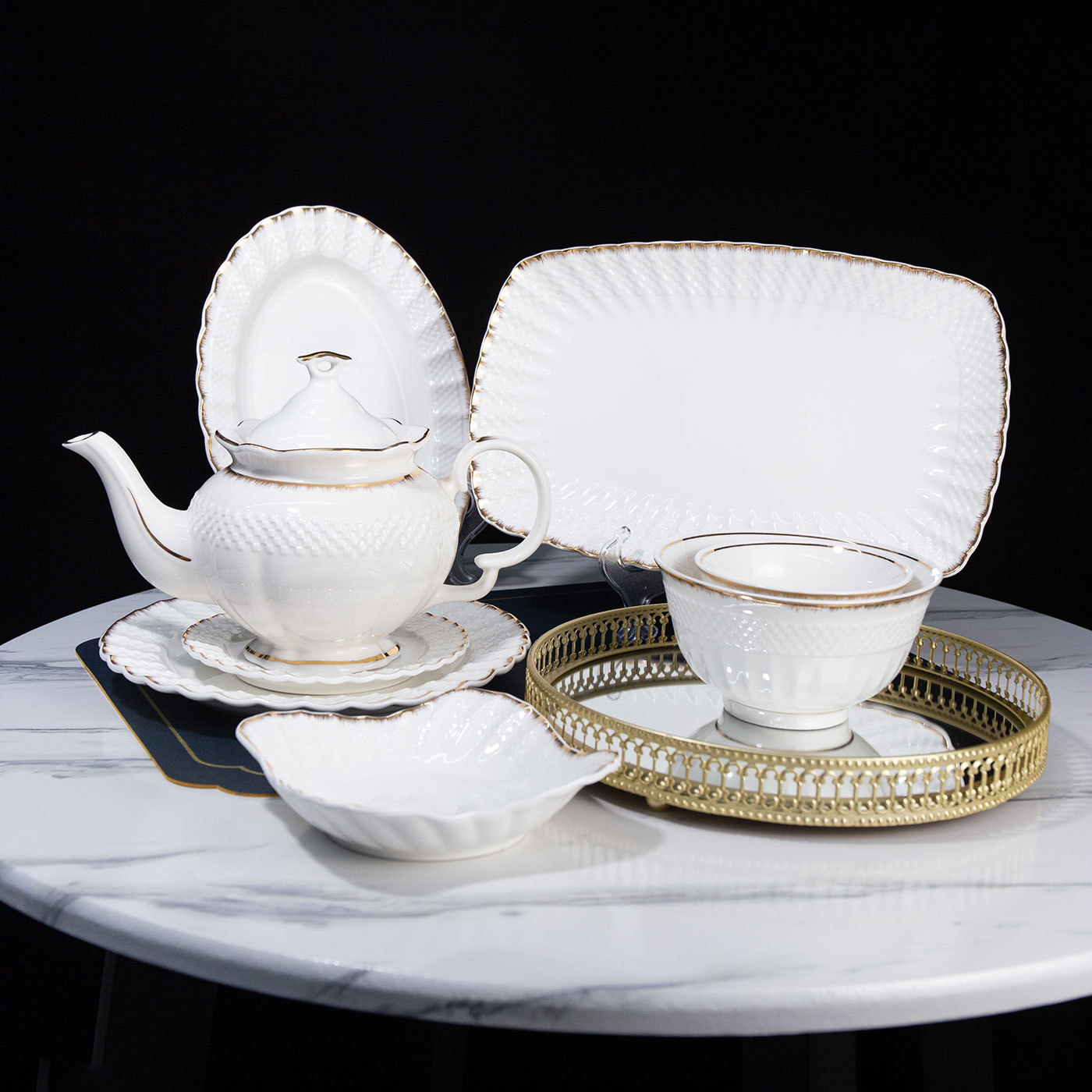 High-grade embossed bamboo pattern gold-sweeping ceramic tableware hotel club home high-grade gold-rimmed European-style plates and bowls