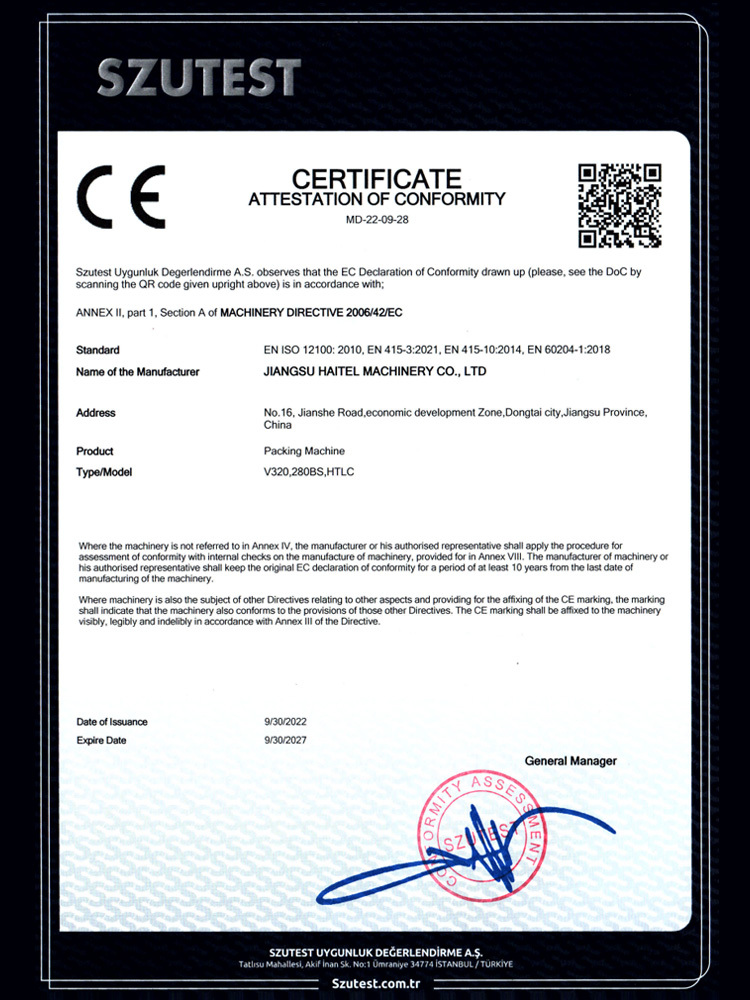 Certificat CE pour machines d'emballage