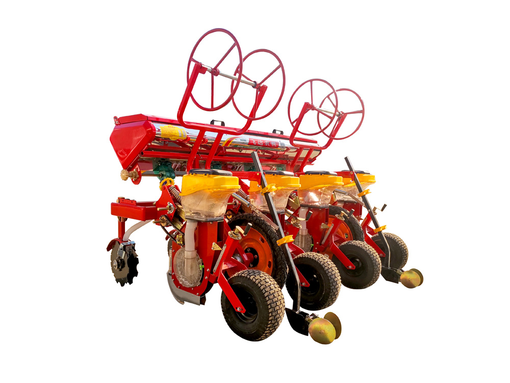 Four-row corn planter with furrow opener and drip irrigation tape