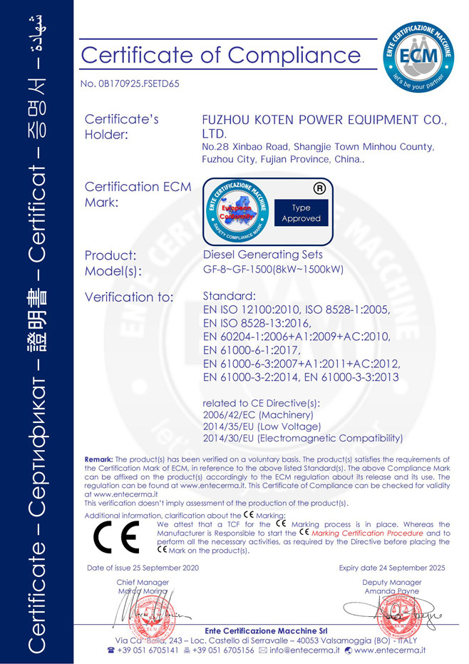 Diesel Generator Set CE Certificate