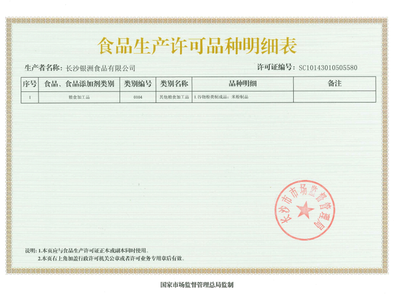 銀洲智能工廠生產(chǎn)許可證品種明細(xì)表