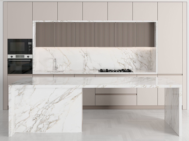 Diseño de gabinete de cocina moderno de melamina MDF de apartamento americano al por mayor, panel plano, sin marco, gabinete de alimentos