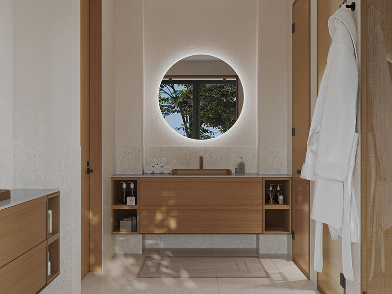 Juego de muebles de baño con espejo de armario con luces LED de madera impermeables de estilo moderno de alta gama con lavabo
