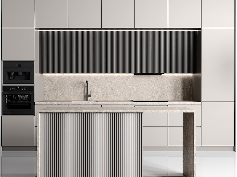 Muebles de cocina modernos de lujo a medida en forma de L, unidades de melamina