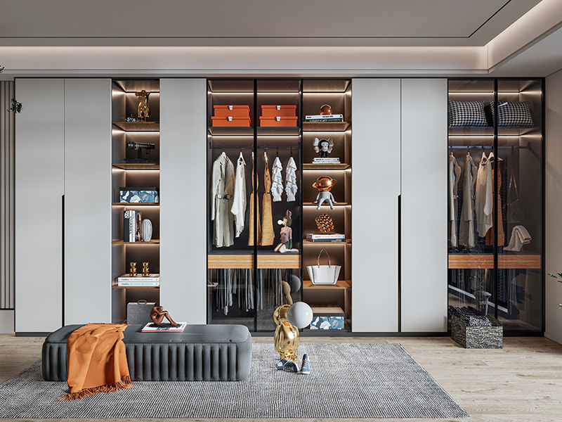 New Design Smart Walk-In Closet Wood Veneer Grille And Closet Accessories Modern Minimalist Walk-In Closet