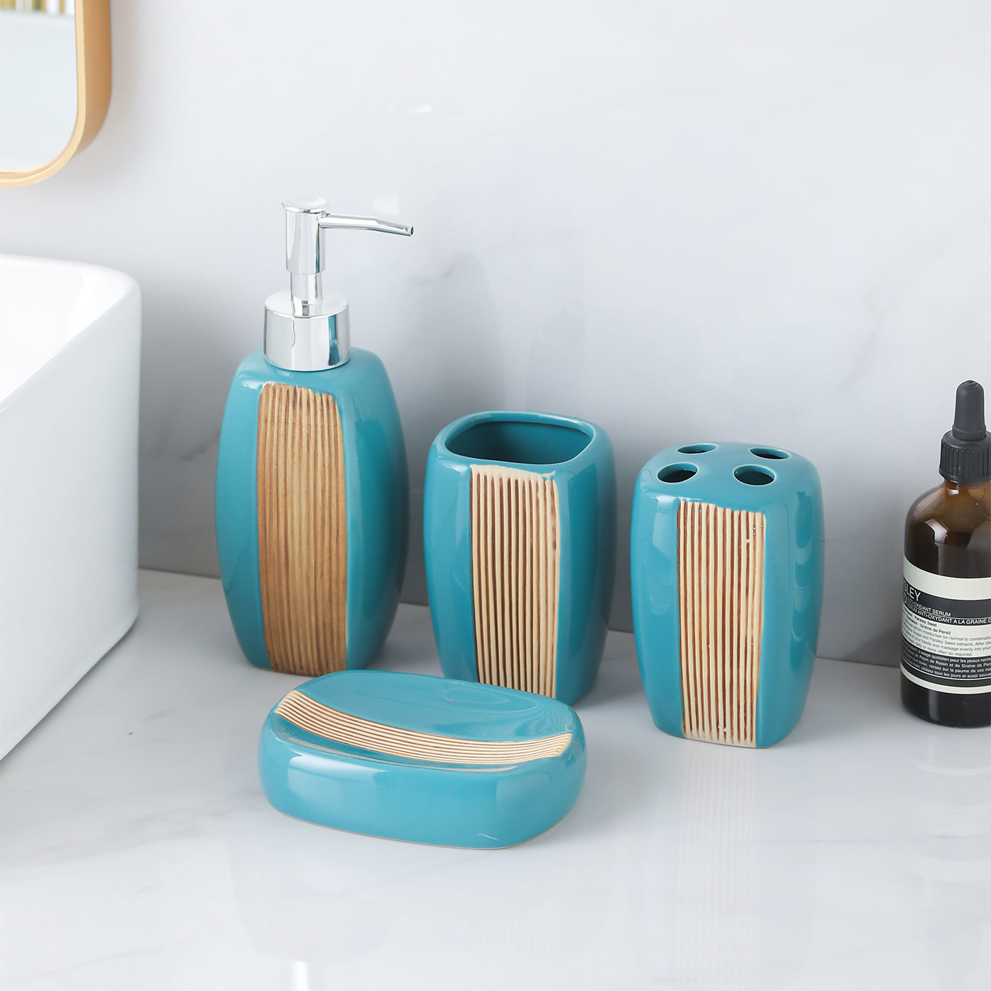 Minimalist Bathroom Accessory Set, 4-Piece Set with Toothbrush Holder, Soap Dish, Tumbler, and Lotion Dispenser