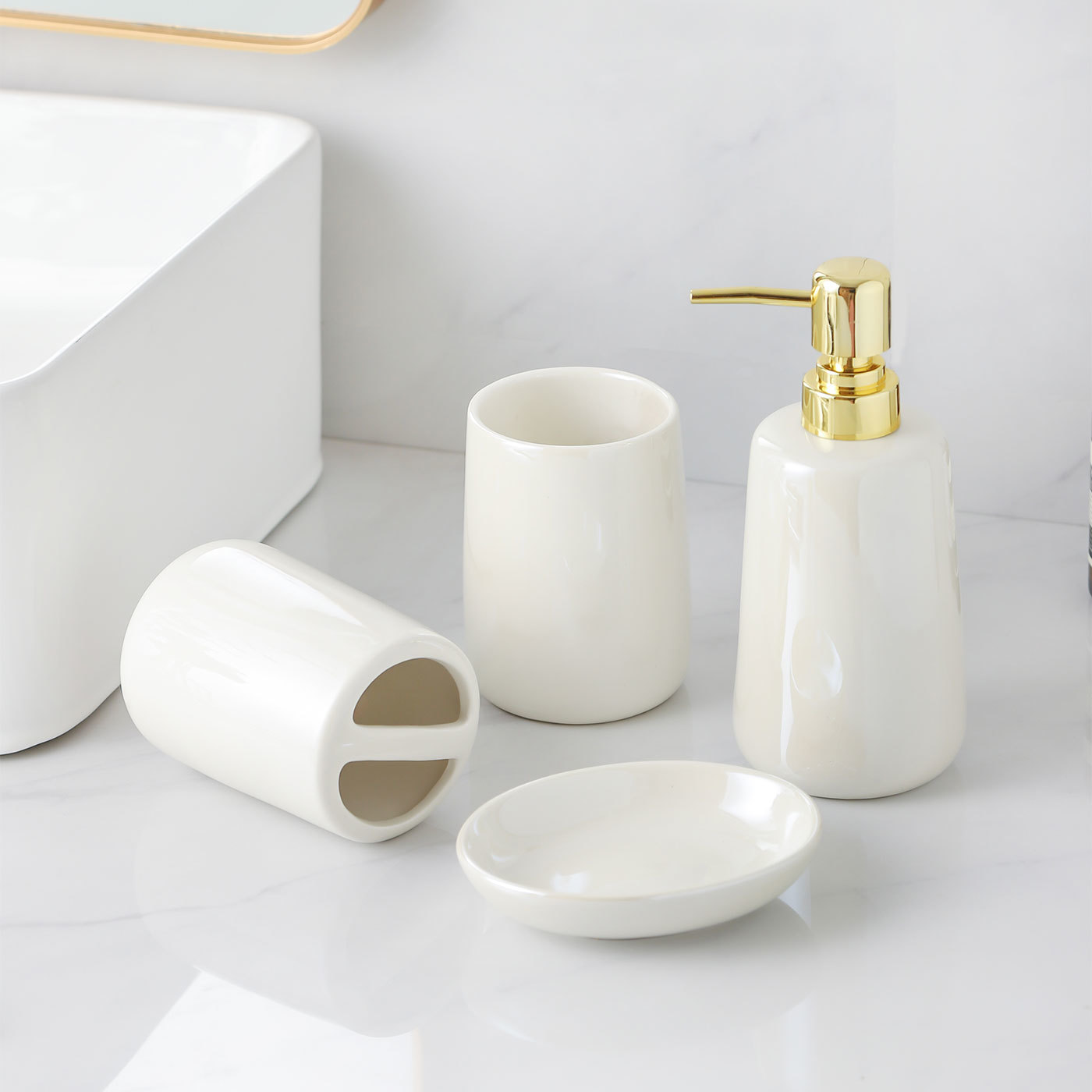 Ceramic Bathroom Set, 4 Pieces with Soap Dispenser, Toothbrush Holder, Tumbler, and Soap Dish for Home or Hotel Use