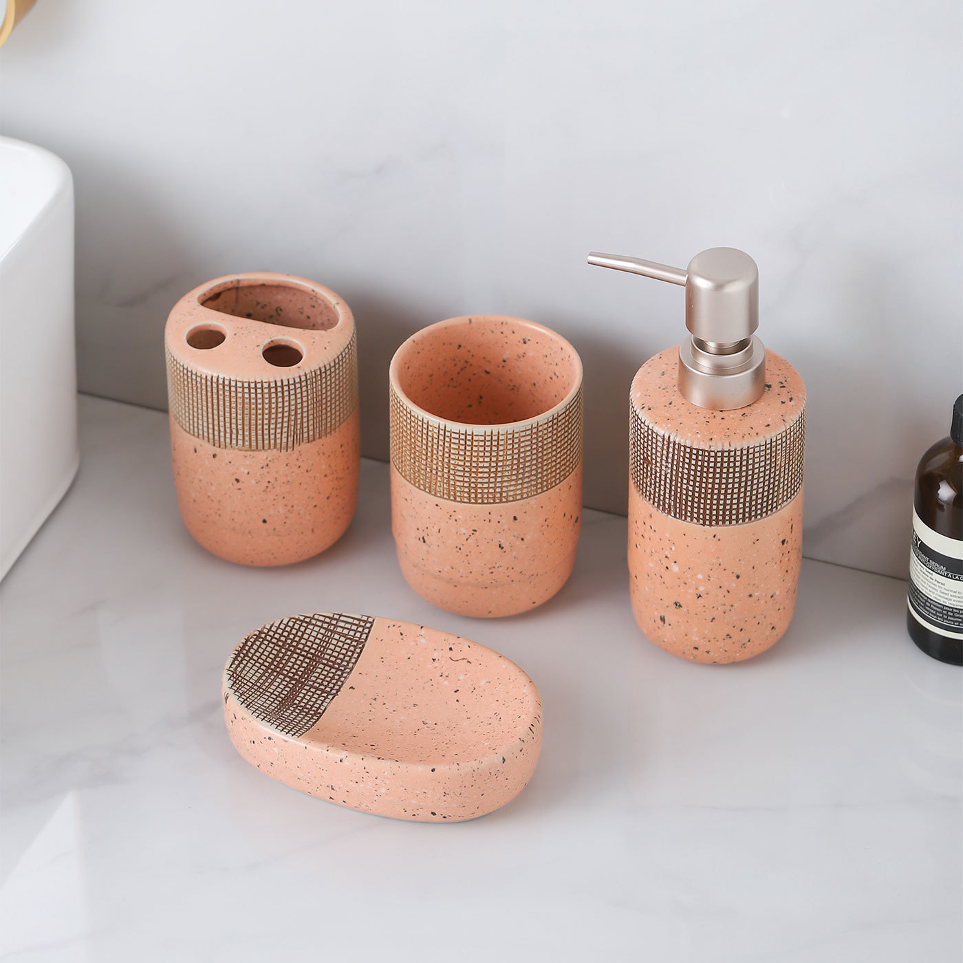 Ceramic Bathroom Set, 4 Pieces with Soap Dispenser, Toothbrush Holder, Tumbler, and Soap Dish for Home or Hotel Use