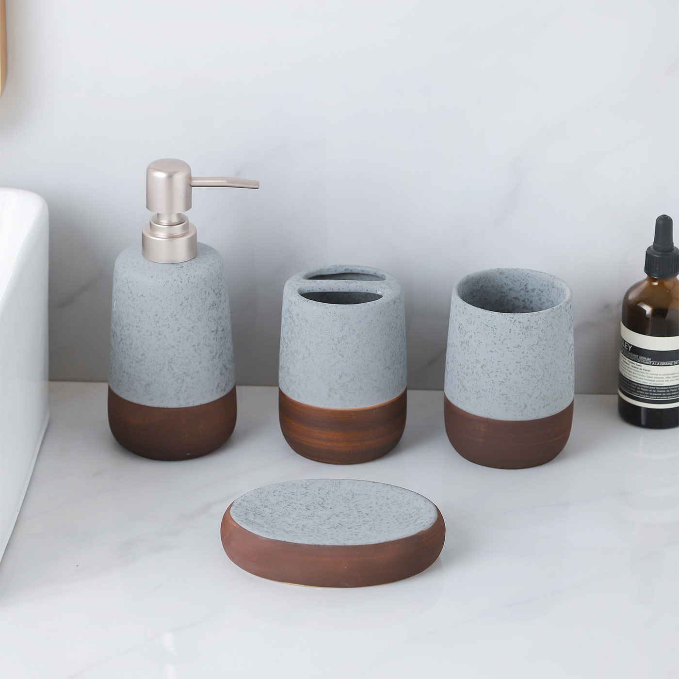 Ceramic Bathroom Set, 4 Pieces with Soap Dispenser, Toothbrush Holder, Tumbler, and Soap Dish for Home or Hotel Use