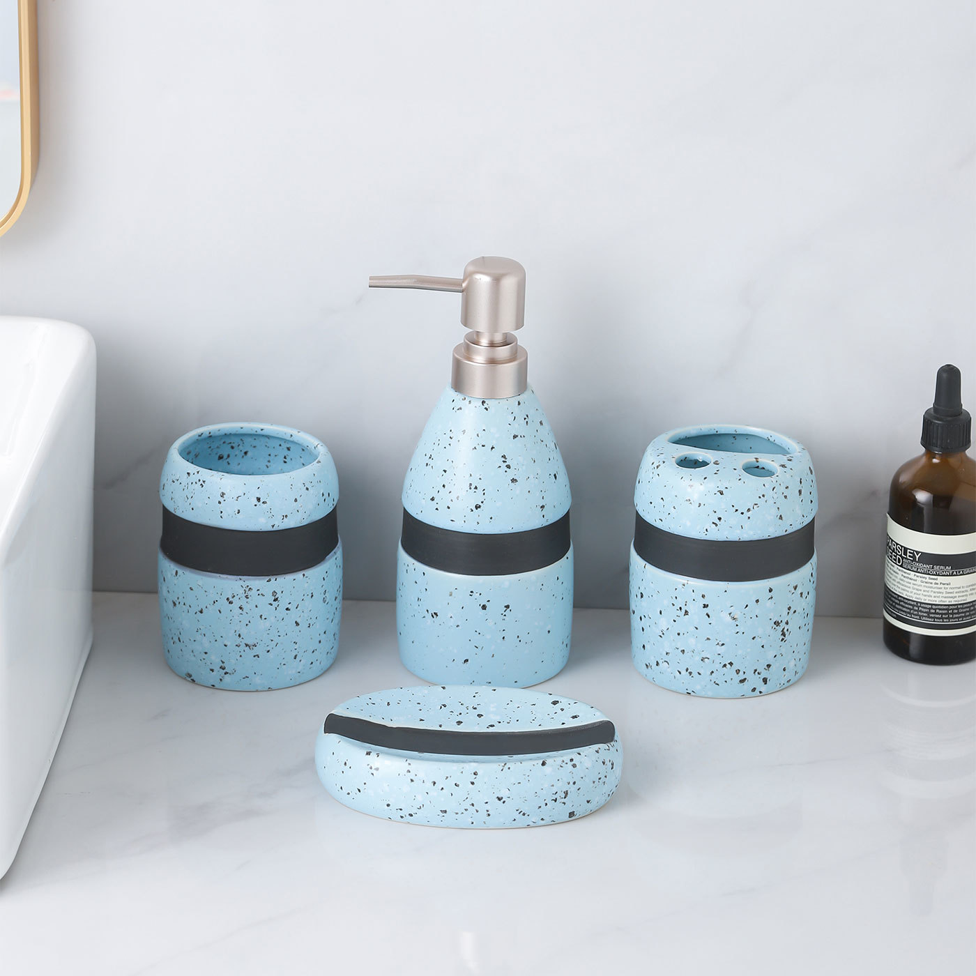 Ceramic 4-Piece Bathroom Set With Soap Dispenser, Toothbrush Holder, Tumbler, and Soap Dish for Home or Hotel Decor