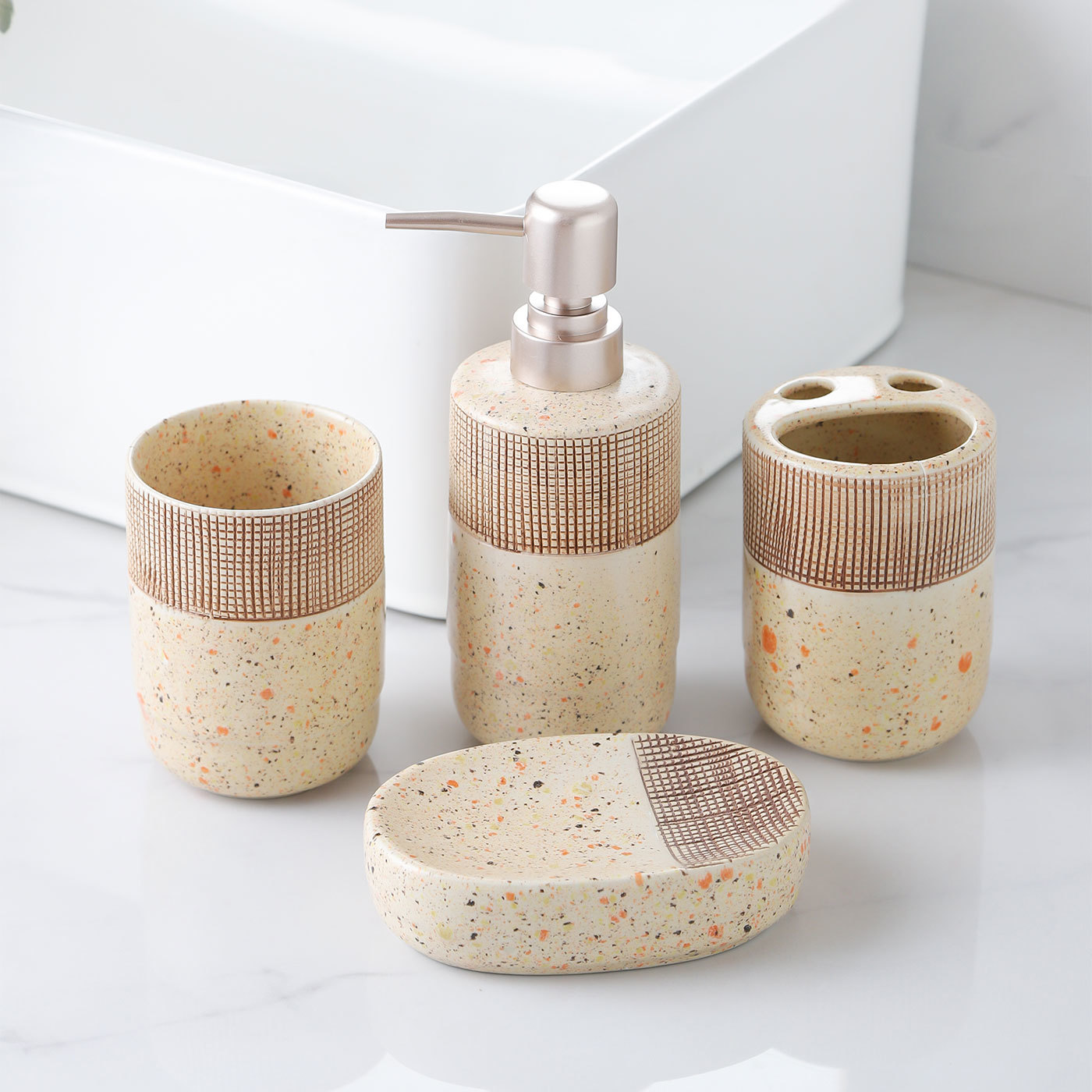 Ceramic 4-Piece Bathroom Set With Soap Dispenser, Toothbrush Holder, Tumbler, and Soap Dish for Home or Hotel Decor