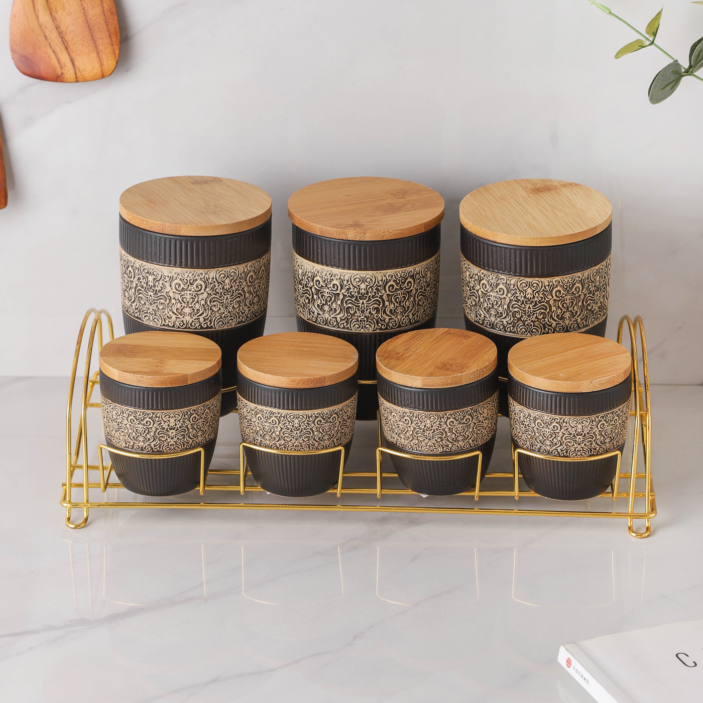 Vintage Custom Ceramic Canister Set 3/7 Piece Chic Design Ceramic Storage Jars With Bamboo Lid for Home Living Room Kitchen for Sugar Coffee Tea Spice Pepper Salt Use